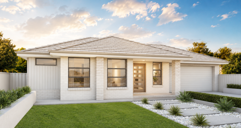 Single storey traditional facade with light pastel materials