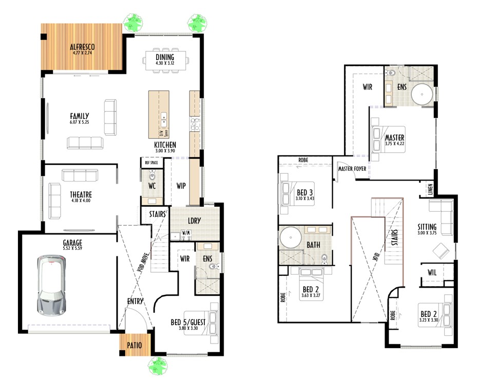 Double storey home design with 5 bedrooms, double garage, multiple spacious living and large outdoor space.