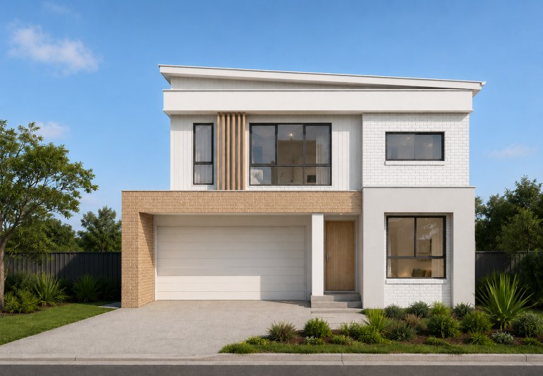 Modern double storey facade with skillion roof and light colours