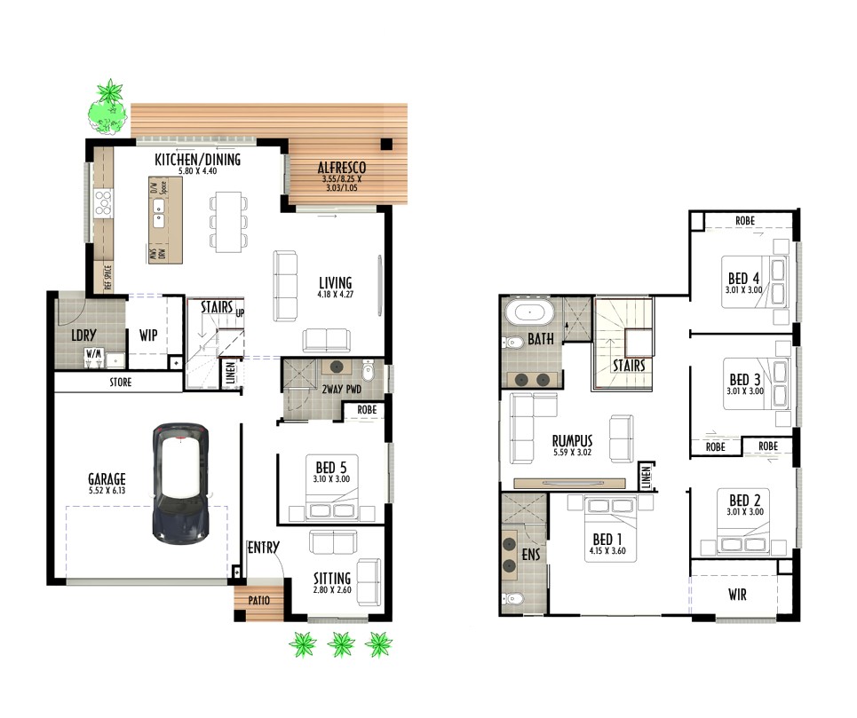 Double storey home design with 5 bedrooms, double garage and open living areas