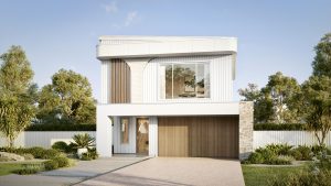 Modern double storey facade with soft curves and light cladding