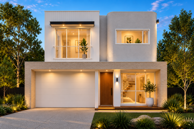 Modern box facade with curves and light cladding