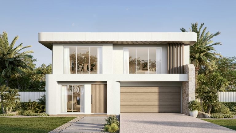 Modern facade with double garage large void and curved parapets