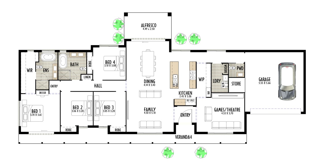 Country home design with 4 bedrooms, spacious living areas and outdoor spaces