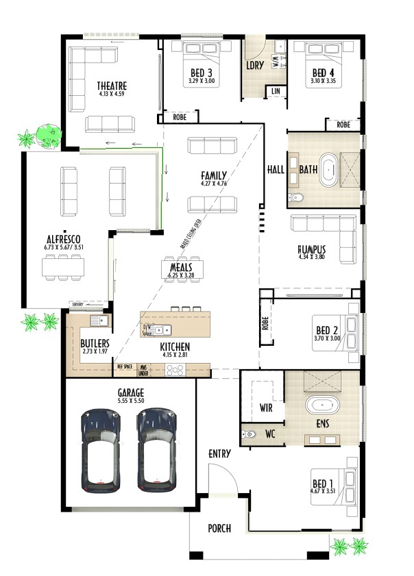 Single storey home design with 4 bedrooms, double garage and multiple living areas and large outdoor entertainment