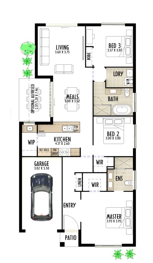 Laysan S3. Single storey home design with 4 bedrooms, single garage and open plan living suitable for 10m wide sites