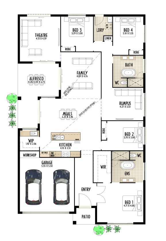 Single Storey home design with 4 bedrooms, double garage and multiple living areas and large outdoor entertainment