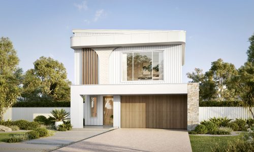 Modern double storey facade with soft curves and light cladding