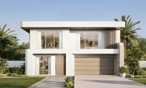 Modern facade with double garage large void and curved parapets